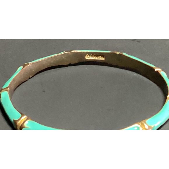 Vtg Fornash Gold Tone Metal and Pastel Teal Enamel Bangle Bracelet Bamboo Design - Picture 7 of 9